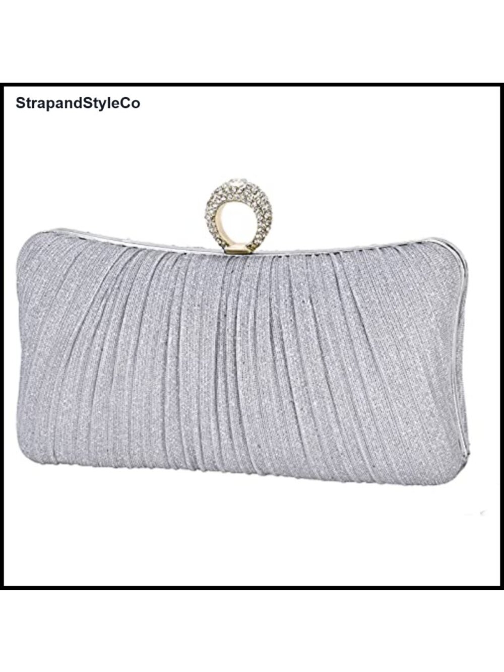 Golden Glitter Pleated Evening Clutch Purse with Rhinestone Ring for Bridal